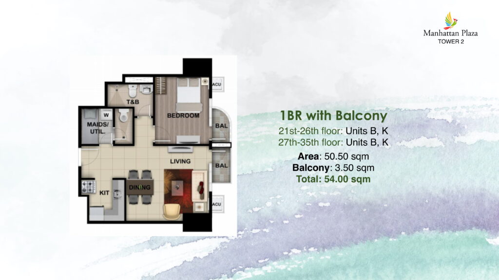 1 Bedroom 54 SQM Unit B and K - Layout