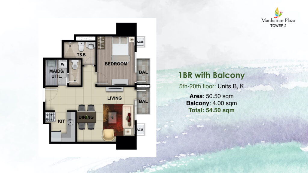 1 Bedroom 54.5 SQM Unit B and K - Layout